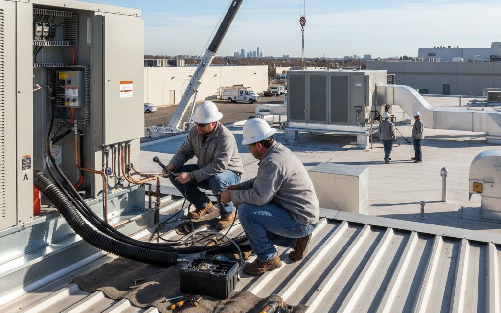 Technicians in hard hats servicing rooftop HVAC units on a commercial building
