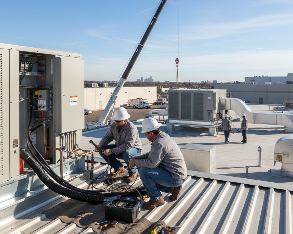 Technicians in hard hats servicing rooftop HVAC units on a commercial building