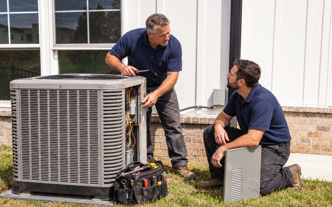 Two HVAC technicians servicing an outdoor air conditioning unit at a home