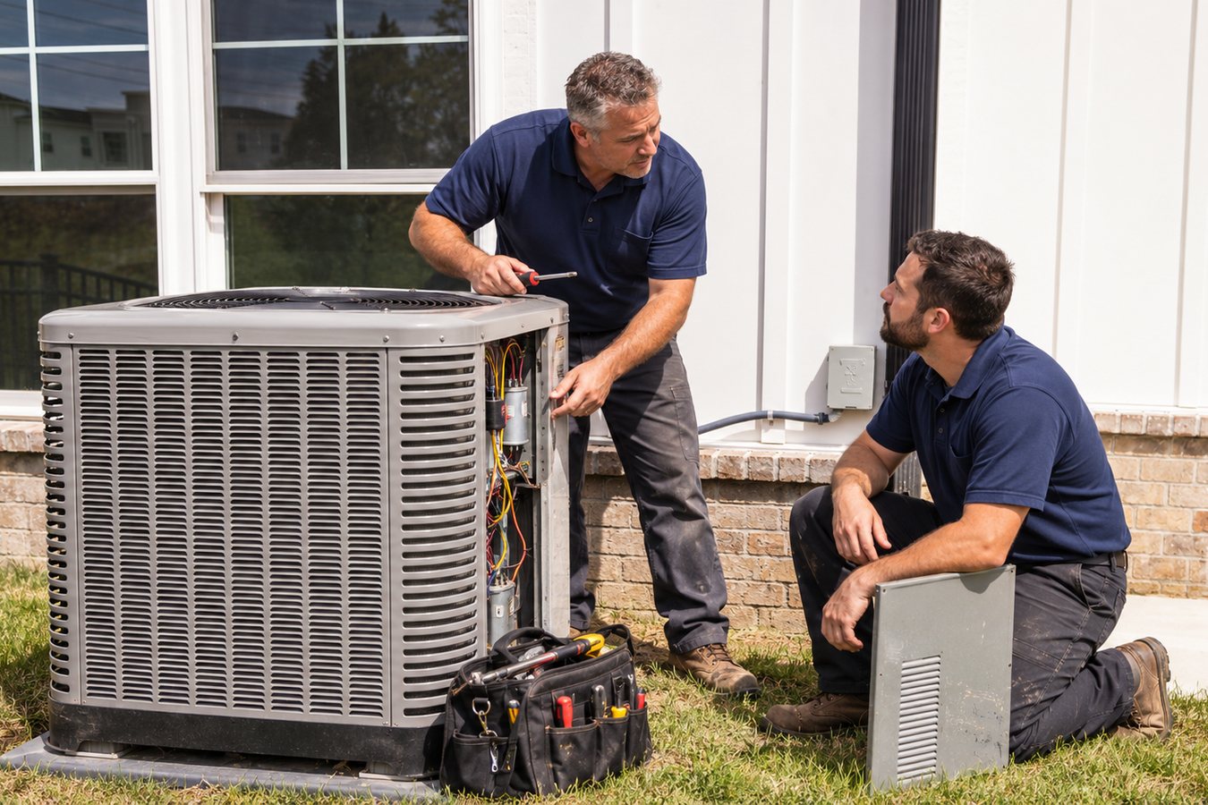 Two HVAC technicians servicing an outdoor air conditioning unit at a home